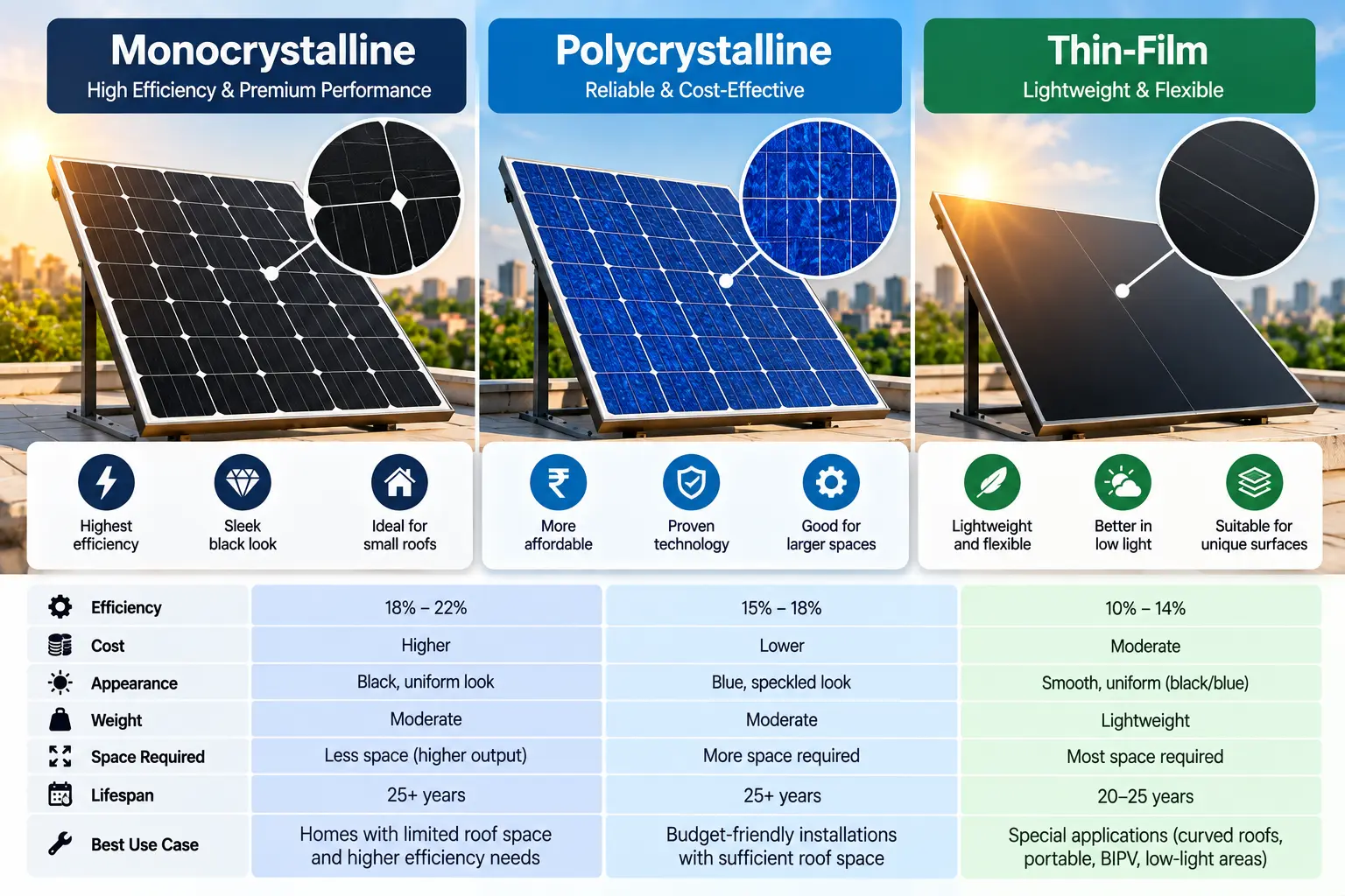 Monocrystalline vs Polycrystalline vs Thin-Film Solar Panels Explained