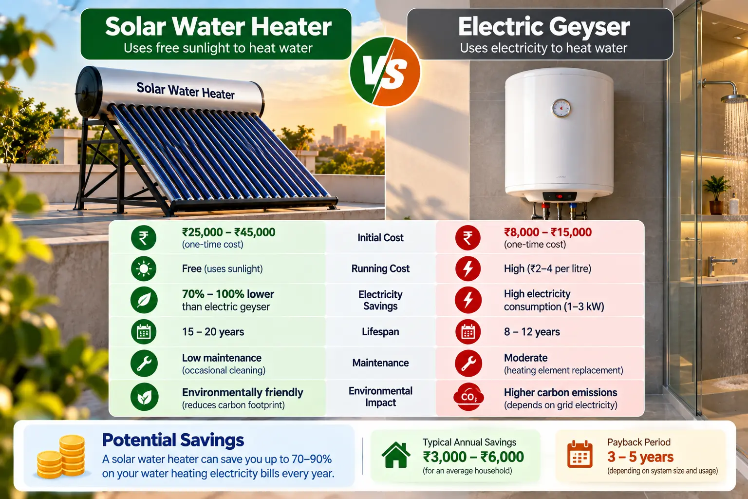 Solar Water Heaters vs Electric Geysers: Which Saves You More?